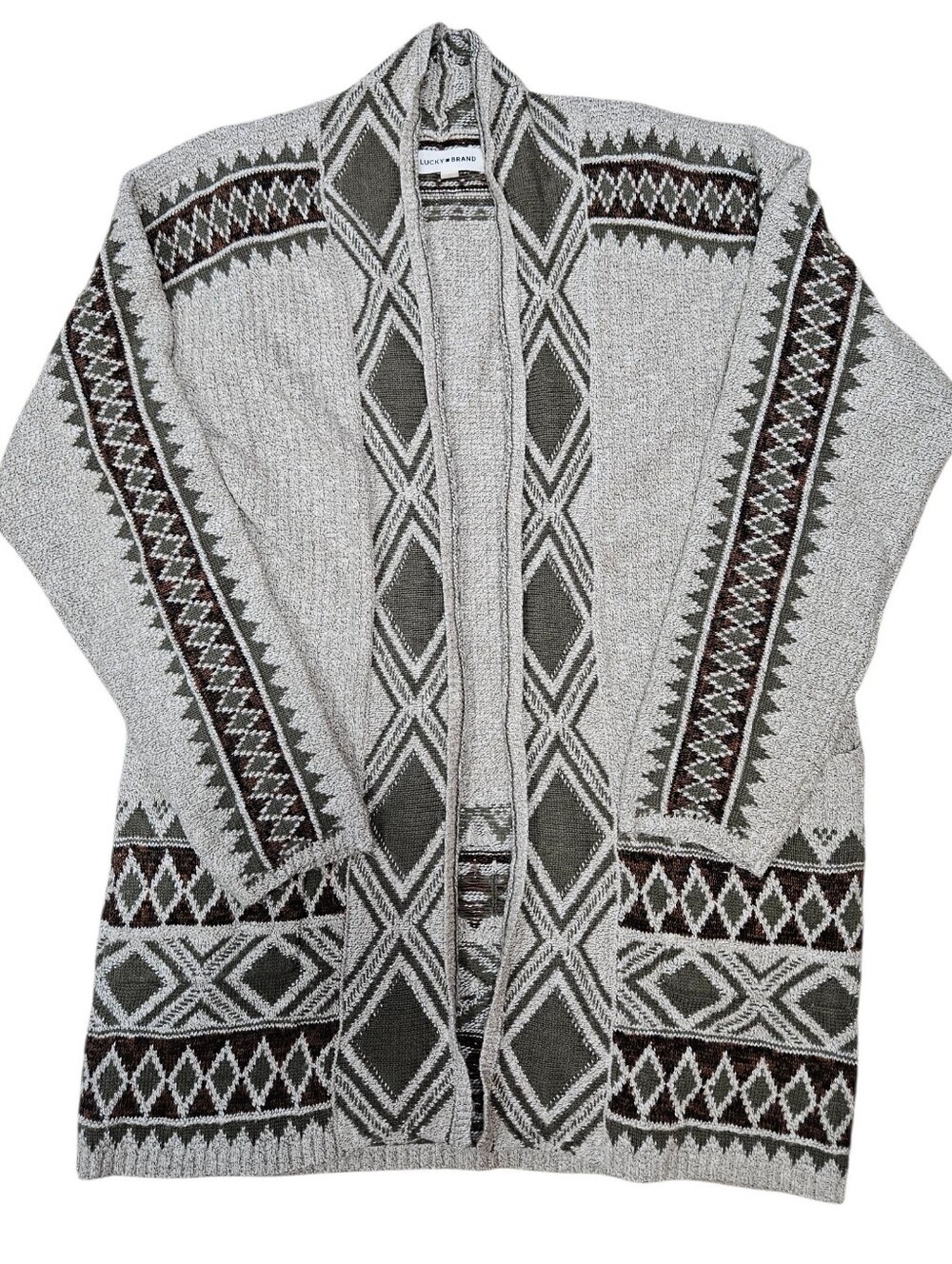 Lucky Brand Green Aztec Southwestern Jacquard Knit Long Cardigan Sweater Large